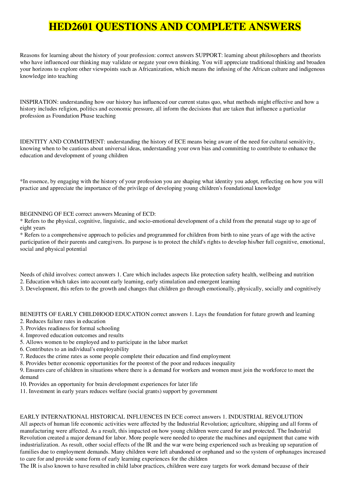 Preview image for HED2601 QUESTIONS AND COMPLETE ANSWERS